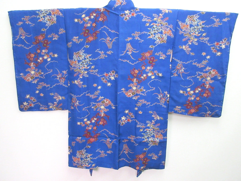 Haori Jacket Vintage(1920-1950) Blue Plum blossom Chrysanthemum Silk #8215B4