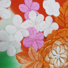 Load image into Gallery viewer, KK1284B5 Silk Kimono Fabric Vintage(1950-1980) Embroidery Ume Kiku Green 84.6x13.0in(215x33cm)
