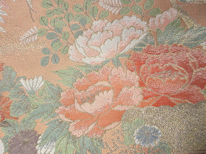 Fukuro Obi Gold Light Salmon Birds Chrysanthemum Silk BB131W8