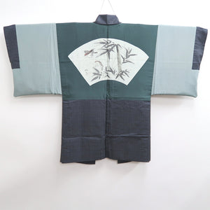 Men's Haori Vintage(1950-1980) Blue Black Bamboo Sparrow Silk #9385G1