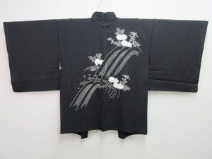 Haori Jacket Vintage(1950-1980) Black Full Embroidery Kiku Waterfall Silk #7612H4