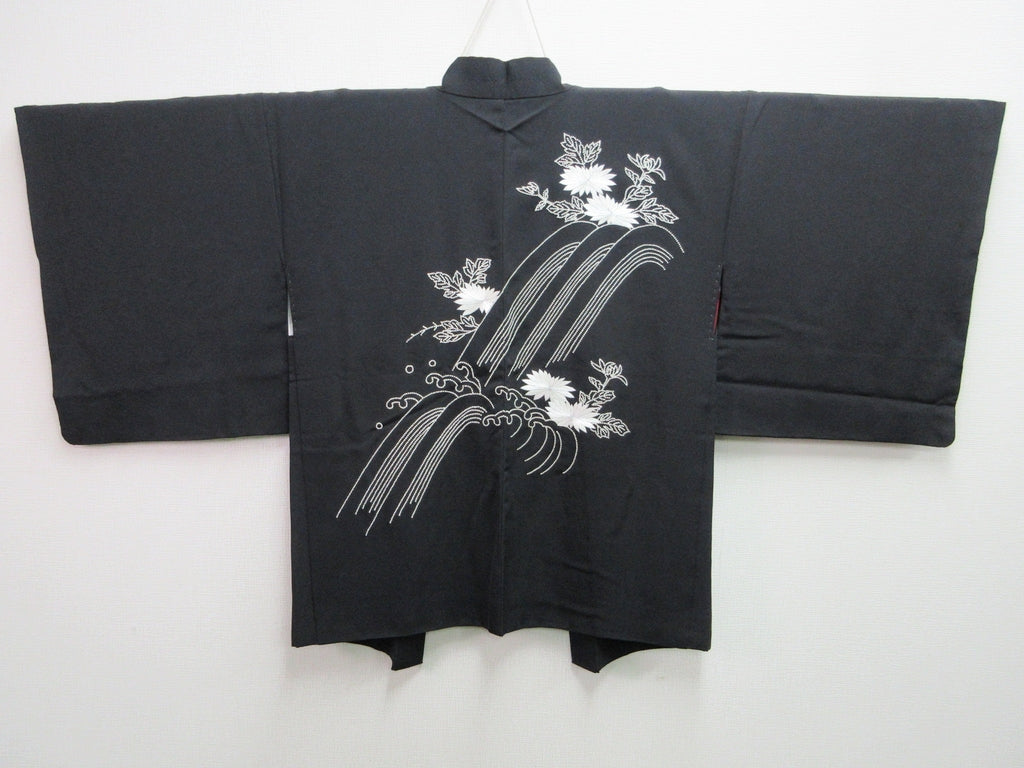 Haori Jacket Vintage(1950-1980) Black Full Embroidery Kiku Waterfall Silk #7612H4