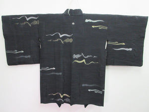 Haori Jacket Vintage(1950-1980) Black Gold Silver Abstract art Silk #7865L4