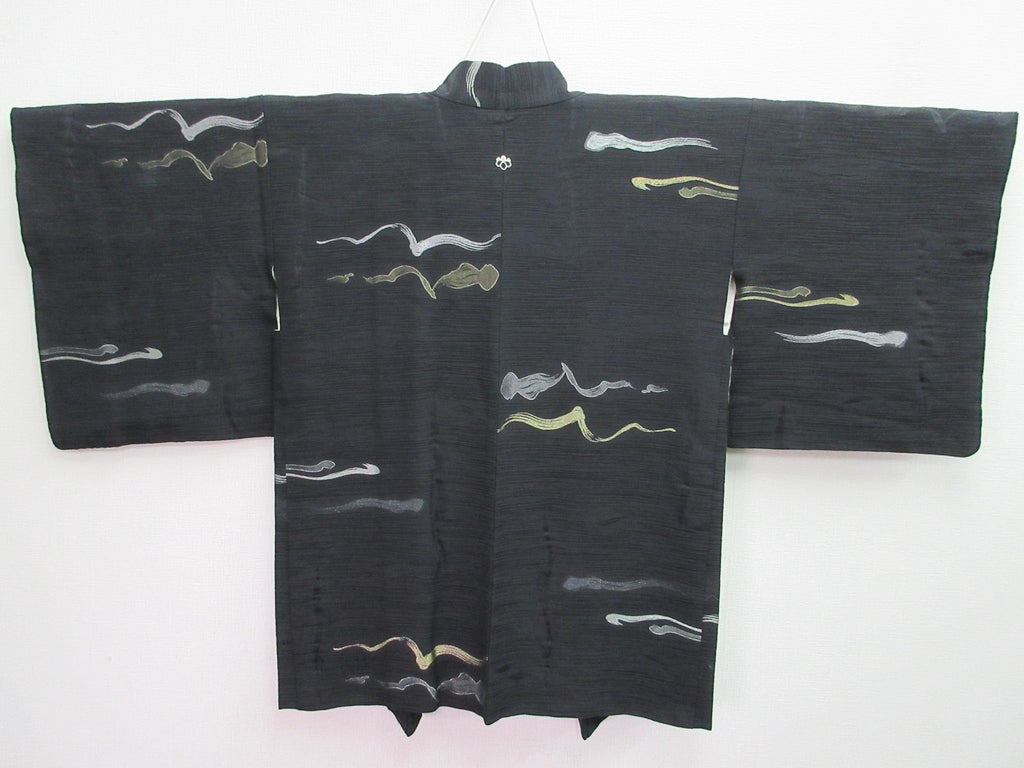 Haori Jacket Vintage(1950-1980) Black Gold Silver Abstract art Silk #7865L4