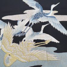 Load image into Gallery viewer, KK1252B5 Silk Tomesode Fabric Vintage(1950-1980) Crane Birds Black 41.3x15.7in(105x40cm)
