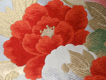 Load image into Gallery viewer, Fukuro Obi Vintage(1950-1980) Gold Silver Red Peony Silk BB92W6
