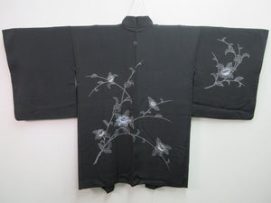 Haori Jacket Vintage(1950-1980) Black Embroidery Flower Branch Silk #7672J3