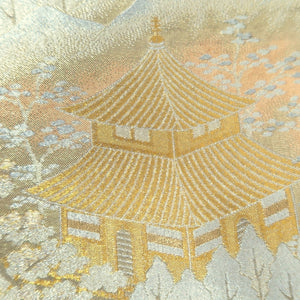 Fukuro Obi Vintage(1950-1980) Gold Zen Temple Landscape Silk BB252V4
