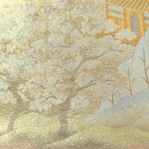 Fukuro Obi Vintage(1950-1980) Gold Zen Temple Landscape Silk BB252V4