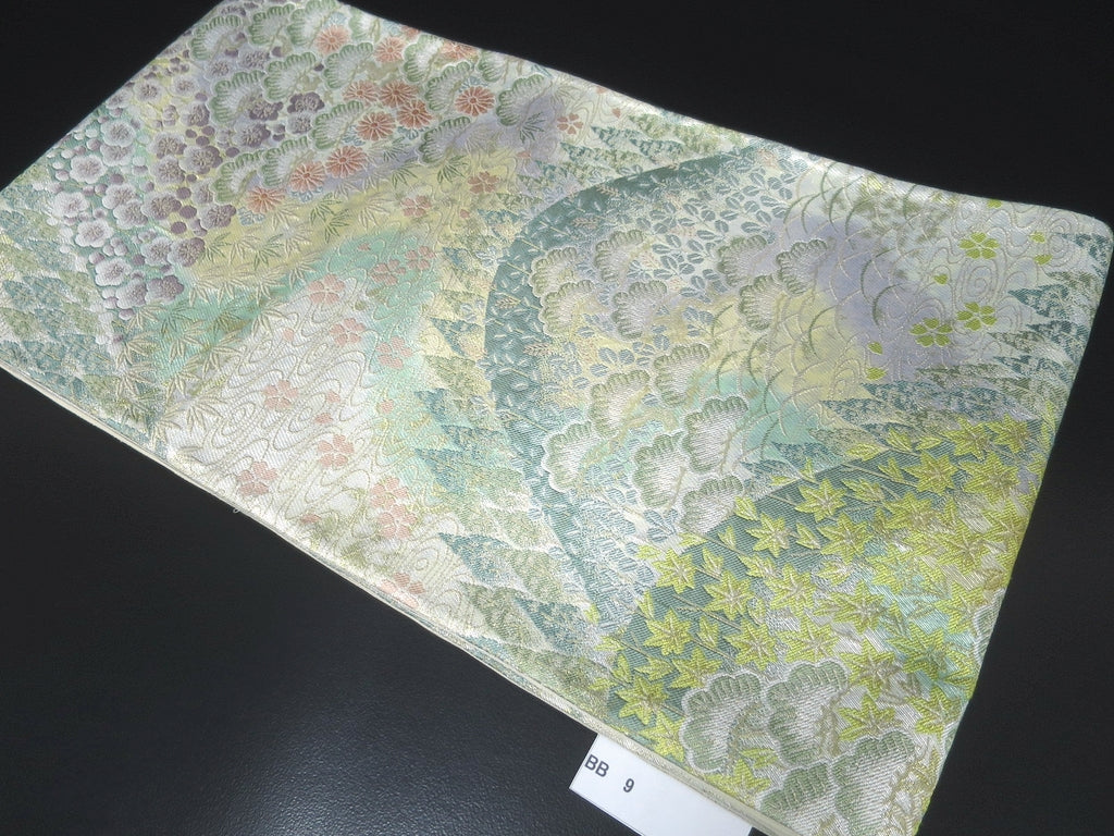 Fukuro Obi Gold Plum blossom Chrysanthemum Pine Tree Silk BB9W1