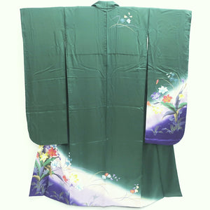 Furisode Dark Green Purple Hibiscus Bellflower Tall Silk #9160D5