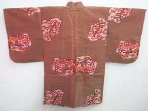 Haori Jacket Vintage(1920-1950) Light Brown Tree Meisen Long Silk #7725K1