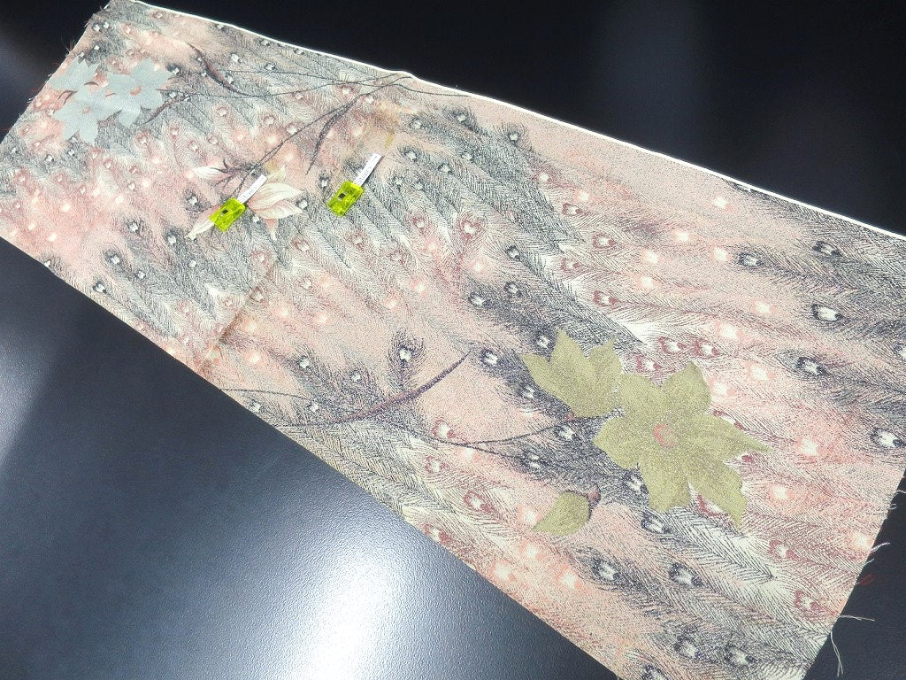 ACH#639 Silk Kimono Fabric Vintage Omeshi Peacock feather 37.4x12.6in(95x32cm)