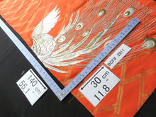 Load image into Gallery viewer, BCF#2811 Silk Kimono Fabric Vintage(1950-1980) Embroidery Peacock Feather Vermillion 140cm (55.1in)
