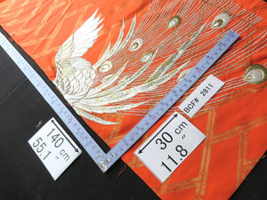 BCF#2811 Silk Kimono Fabric Vintage(1950-1980) Embroidery Peacock Feather Vermillion 140cm (55.1in)
