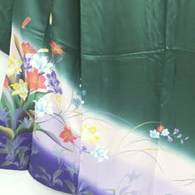 Load image into Gallery viewer, Furisode Dark Green Purple Hibiscus Bellflower Tall Silk #9160D5
