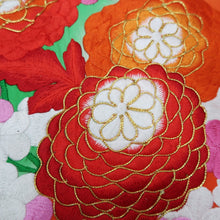 Load image into Gallery viewer, KK1285B5 Silk Kimono Fabric Vintage(1950-1980) Embroidery Ume Kiku Green 85.8x13.4in(218x34cm)
