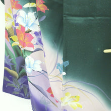 Load image into Gallery viewer, Furisode Dark Green Purple Hibiscus Bellflower Tall Silk #9160D5
