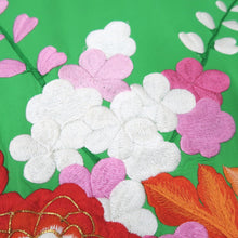 Load image into Gallery viewer, KK1285B5 Silk Kimono Fabric Vintage(1950-1980) Embroidery Ume Kiku Green 85.8x13.4in(218x34cm)
