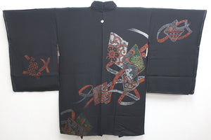 Haori Jacket Vintage(1950-1980) Black Chrysanthemum Urushi Silk #8686J1