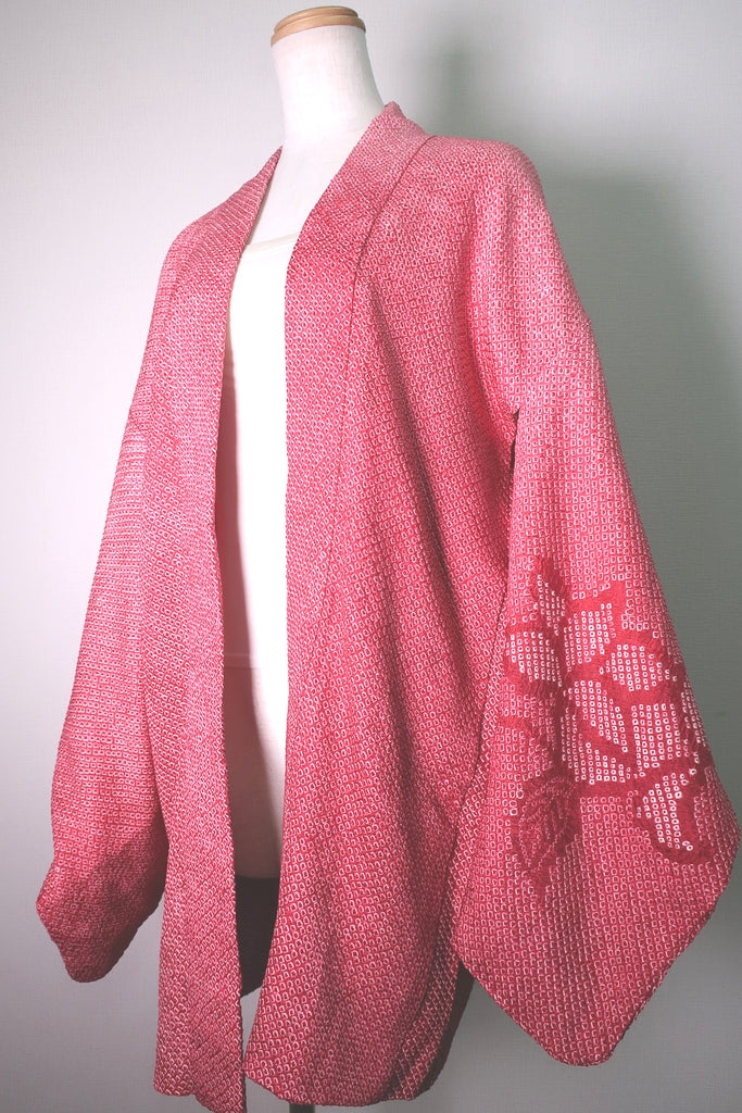 Haori Jacket Vintage(1950-1980) Pink Red Gradation Full Shibori Peony Silk #8501F2