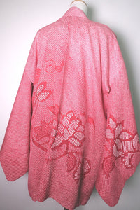 Haori Jacket Vintage(1950-1980) Pink Red Gradation Full Shibori Peony Silk #8501F2