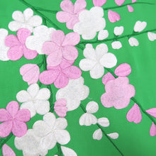 Load image into Gallery viewer, KK1285B5 Silk Kimono Fabric Vintage(1950-1980) Embroidery Ume Kiku Green 85.8x13.4in(218x34cm)
