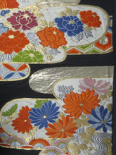 Load image into Gallery viewer, Fukuro Obi Vintage(1950-1980) Black Gold Peony Chrysanthemum Silk BB93W6
