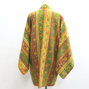 Haori Jacket Vintage(1950-1980) Brown Green Exotic Flowers Silk #8996C5