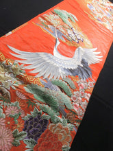 Load image into Gallery viewer, BCF#2850 Silk Kimono Fabric Vintage(1950-1980) Embroidery Crane Birds Vermillion 200cm (78.7in)
