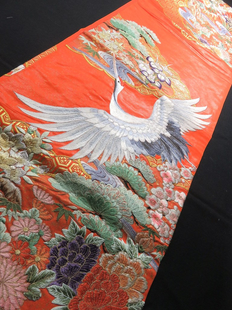 BCF#2850 Silk Kimono Fabric Vintage(1950-1980) Embroidery Crane Birds Vermillion 200cm (78.7in)