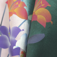 Load image into Gallery viewer, Furisode Dark Green Purple Hibiscus Bellflower Tall Silk #9160D5
