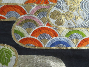 Fukuro Obi Vintage(1950-1980) Black Gold Peony Chrysanthemum Silk BB93W6