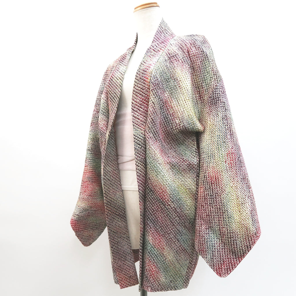 Haori Jacket Vintage(1950-1980) Red Green Yellow Shibori Cattleya Silk #9520H1