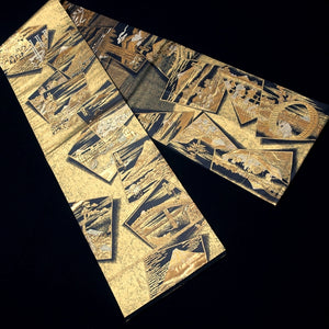 Fukuro Obi Vintage(1950-1980) Gold Black Hokusai Fugaku-Sanjurokkei Silk BB202V2