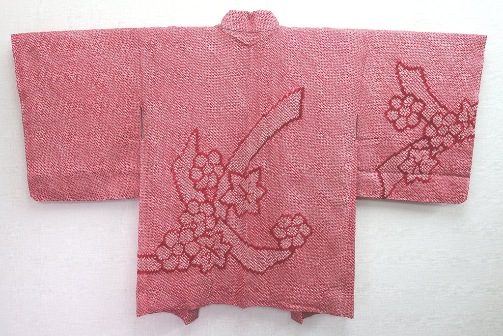 Haori Jacket Vintage(1950-1980) Red Pink Full Shibori Nejiri-Ume Momiji Silk #8287C1