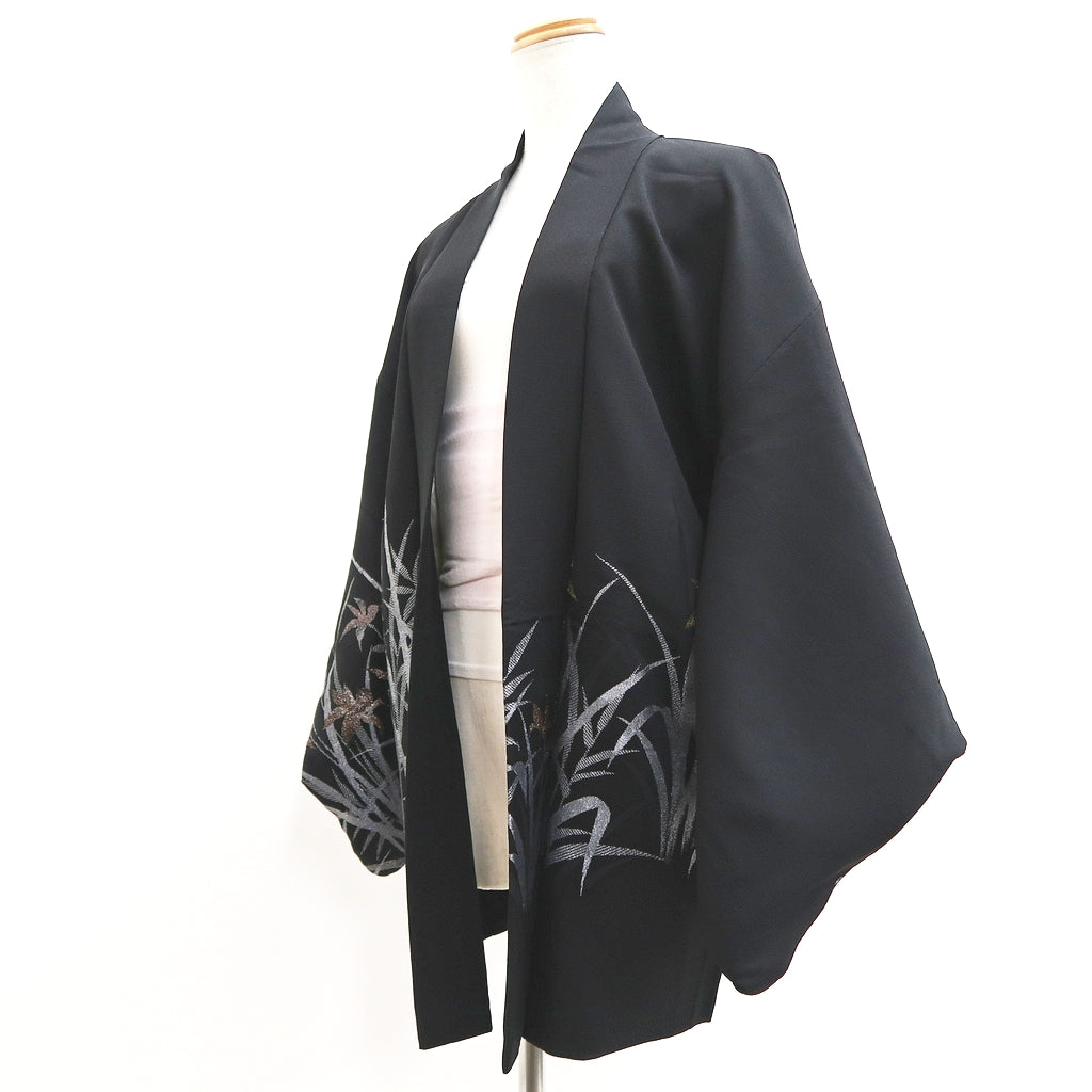 Haori Jacket Vintage(1950-1980) Black Silver Gold Narcissus Silk #9451G3