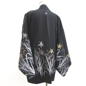 Haori Jacket Vintage(1950-1980) Black Silver Gold Narcissus Silk #9451G3