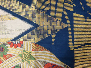 MOF#150 Silk Obi Fabric Vintage(1950-1980) Bamboo leaf Flower Gold Blue 17.7x11.8in(45x30cm)