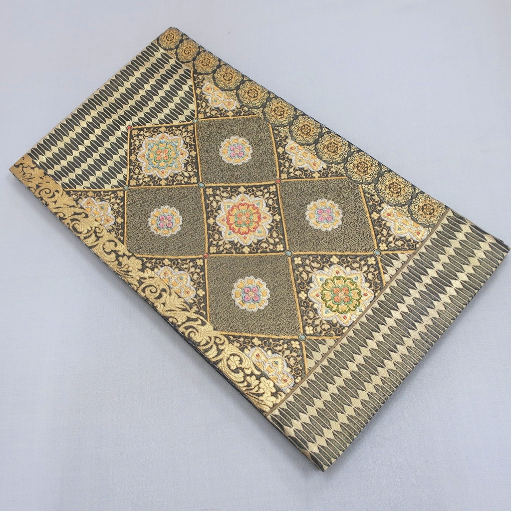 Fukuro Obi Vintage(1950-1980) Gold Black Flower Silk BB176V1