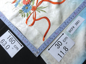 BCF#2851 Silk Kimono Fabric Vintage(1950-1980) Embroidery Flower Pale White 160cm (63.0in)