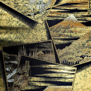 Fukuro Obi Vintage(1950-1980) Gold Black Hokusai Fugaku-Sanjurokkei Silk BB202V2