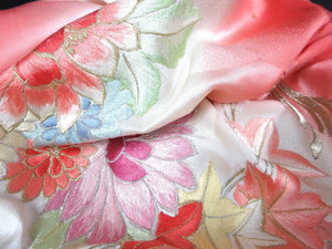 ACH#810 Silk Kimono Fabric Vintage Furisode Embroidery 39.4x13.4in(100x34cm)