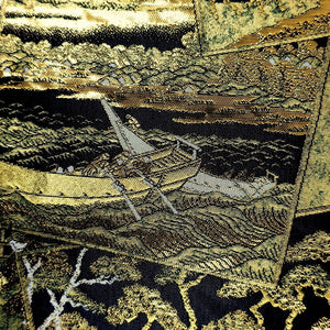 Fukuro Obi Vintage(1950-1980) Gold Black Hokusai Fugaku-Sanjurokkei Silk BB202V2