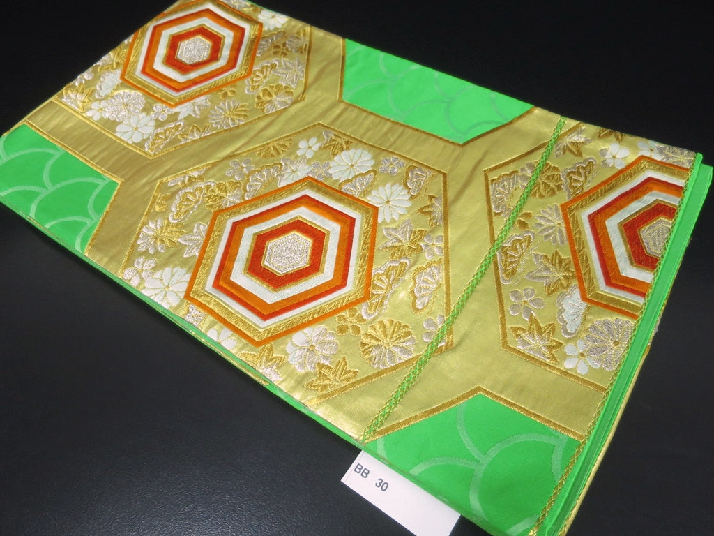 Fukuro Obi Vintage(1950-1980) Green Gold Chrysanthemum Kikkou Maple Leaf Silk BB30W2