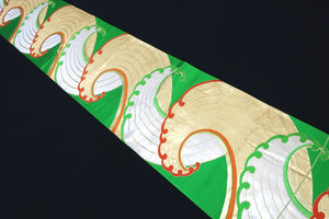 Fukuro Obi Vintage(1950-1980) Green Gold Wave Silk BB148W9