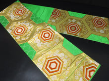 Load image into Gallery viewer, Fukuro Obi Vintage(1950-1980) Green Gold Chrysanthemum Kikkou Maple Leaf Silk BB30W2
