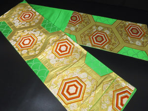 Fukuro Obi Vintage(1950-1980) Green Gold Chrysanthemum Kikkou Maple Leaf Silk BB30W2