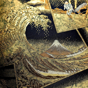 Fukuro Obi Vintage(1950-1980) Gold Black Hokusai Fugaku-Sanjurokkei Silk BB202V2