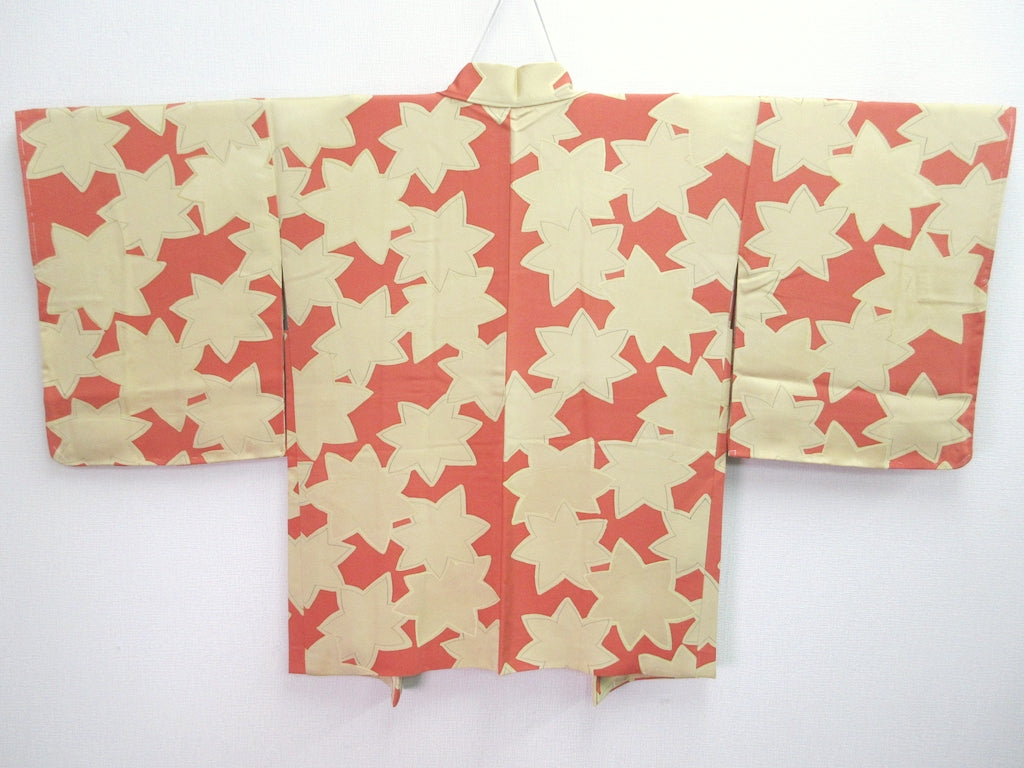 Haori Jacket Vintage(1950-1980) Light Yellow brown Vermillion Maple Leaf Silk #7827L1